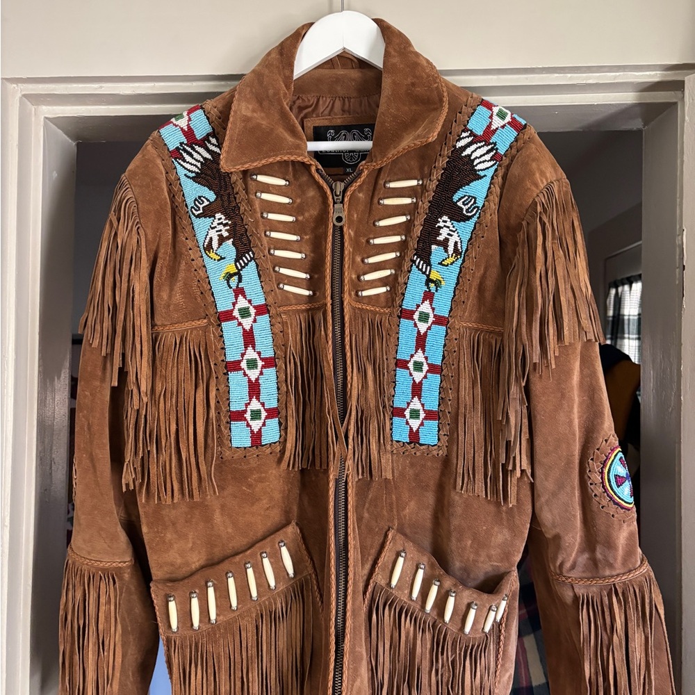 Brown Suede Fringe Jacket with Beaded Design